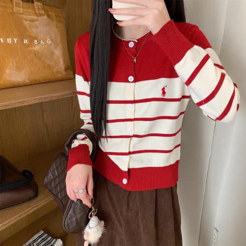 Korean Color Block Striped Embroidered Knit Cardigan for Women Spring Casual Short-Sleeve Soft and Fluffy Sweater Top for Women