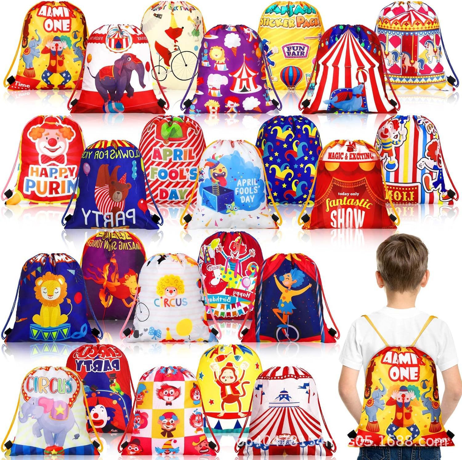 小丑三双肩抽绳背包袋子卡通动物便携收纳袋涤纶手提抽绳袋