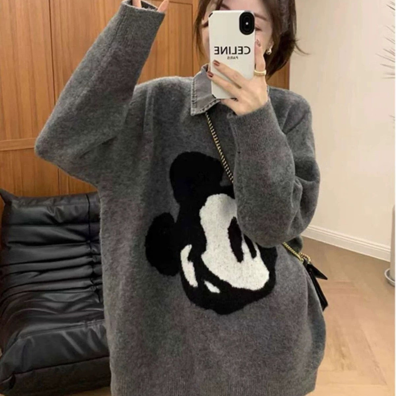 Gray cherry embroidered faux two-piece sweater for women, spring, autumn, and winter, loose-fitting pullover knit top, thick