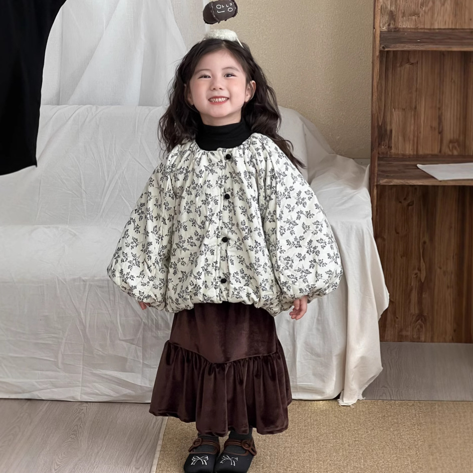 2024冬季新款韩版女童碎花夹棉公主外套儿童短款棉衣女宝宝棉服