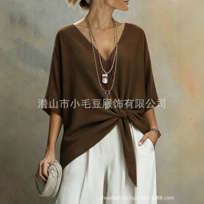 European and American fashion cross-border trendy women's T-shirt, loose fit, bat sleeves, V-neck, front-tie, solid color, elegant top European and American fashion cross-border trendy women's T-shirt, loose fit, bat sleeves, V-neck, front-tie, solid color, elegant top