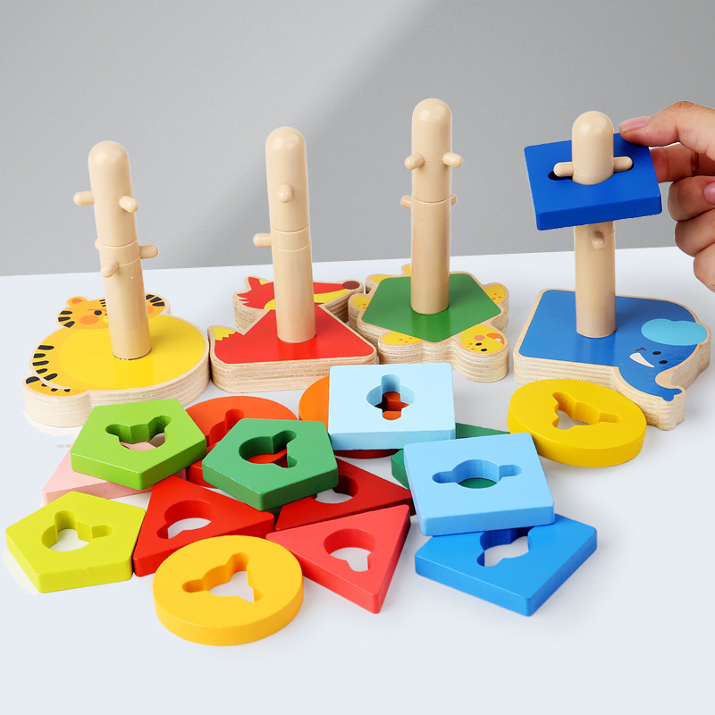 Niños de madera geométrica forma de animal bloque de construcción columna bebé puzzle madero cinco pilares juguetes de madera al por mayor