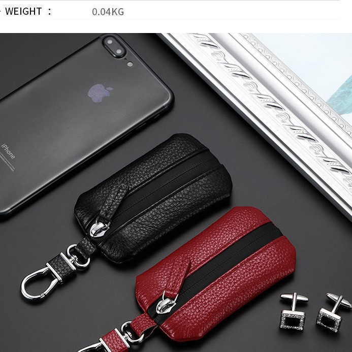 Soft Leather Car Key Bag for Men and Women, Car Key Bag with Zipper, Women's High-End First-Layer Cowhide Key Bag