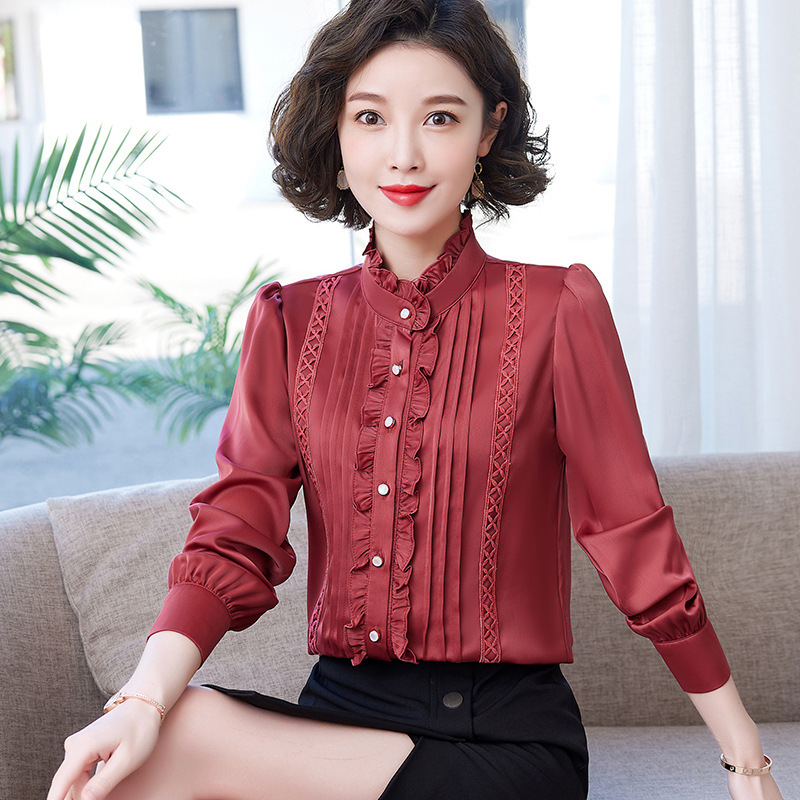 Chiffon Long Sleeve Shirt Women's 2022 New Arrival Spring and Autumn Korean Style Fashionable Egg Edge Base Shirt with Vertical Collar Shirt for Women
