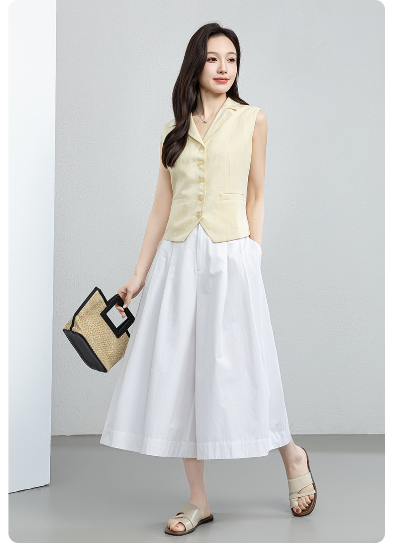 Quần culottes nữ ống rộng cạp cao vải linen cotton mỏng nhẹ mùa hè — màu trắng chi tiết 23