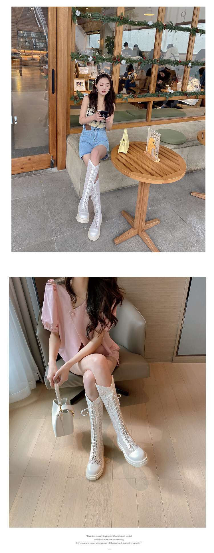 Boot lưới da thật cổ cao đế dày thoáng khí mùa xuân hè phong cách kỵ sĩ buộc dây — Màu nâu ống lớn, Màu đen cổ ống lớn, Ống nhỏ màu đen, Ống nhỏ màu be chi tiết 53