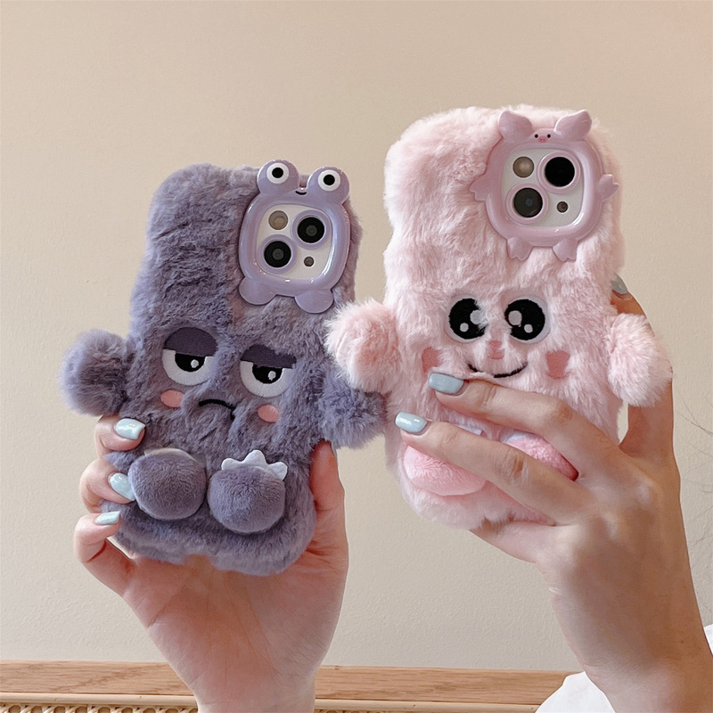 Plush Cartoon Hole Pink Purple Monster iPhone15 Phone Case for Apple 12 13 16Pro Max