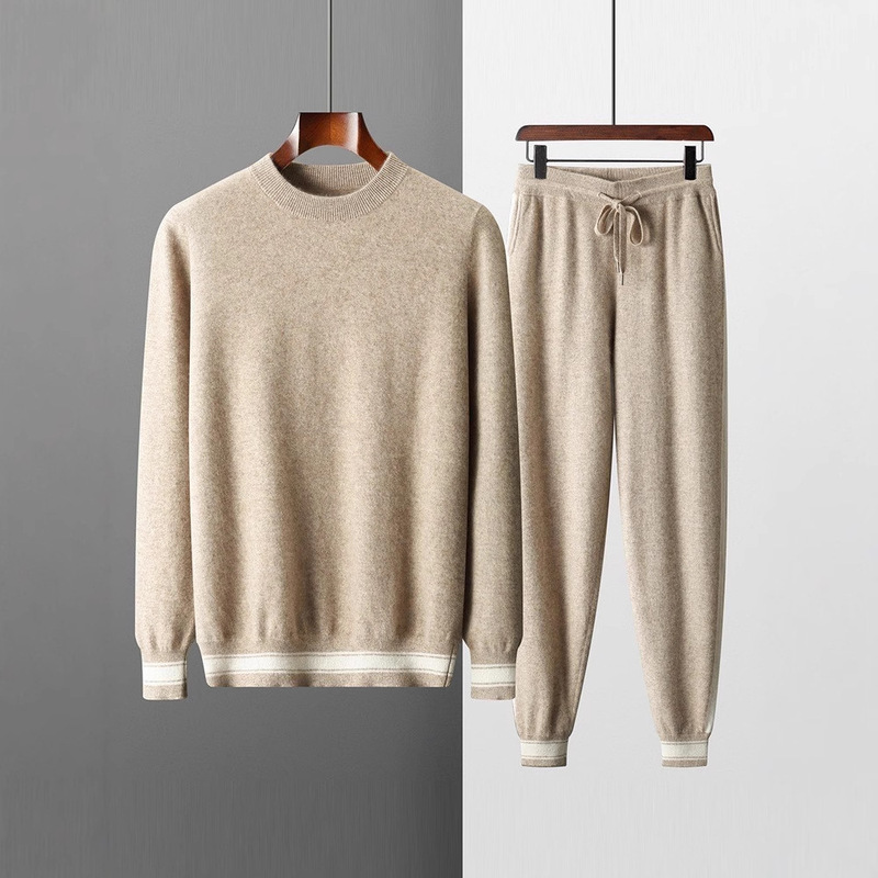 2025 New Casual Sports Cashmere Sweater Suit Men's Round Neck Sweatshirt Warm Sweater Base Cashmere Pants Men