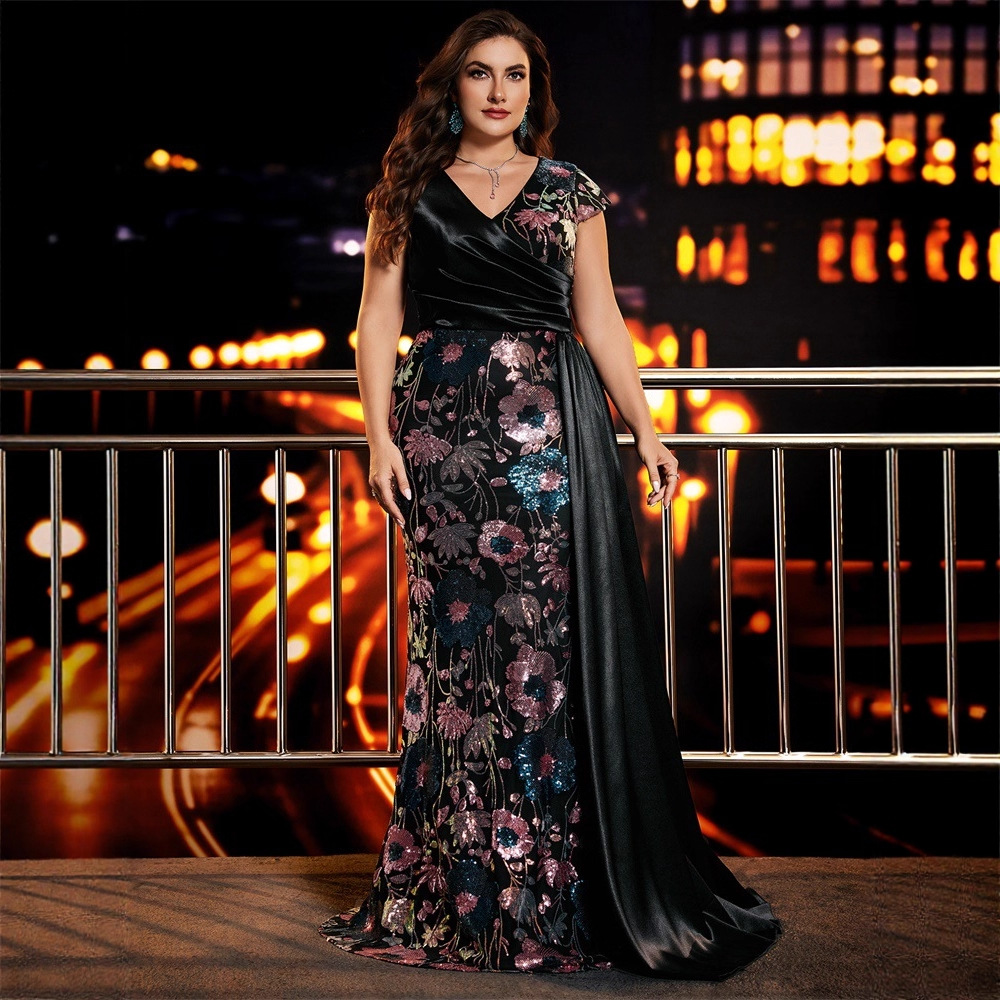 European and American Amazon Plus-Size Elegant Sequin Splicing Fitted V-Neck Cocktail Evening Dress for Moms