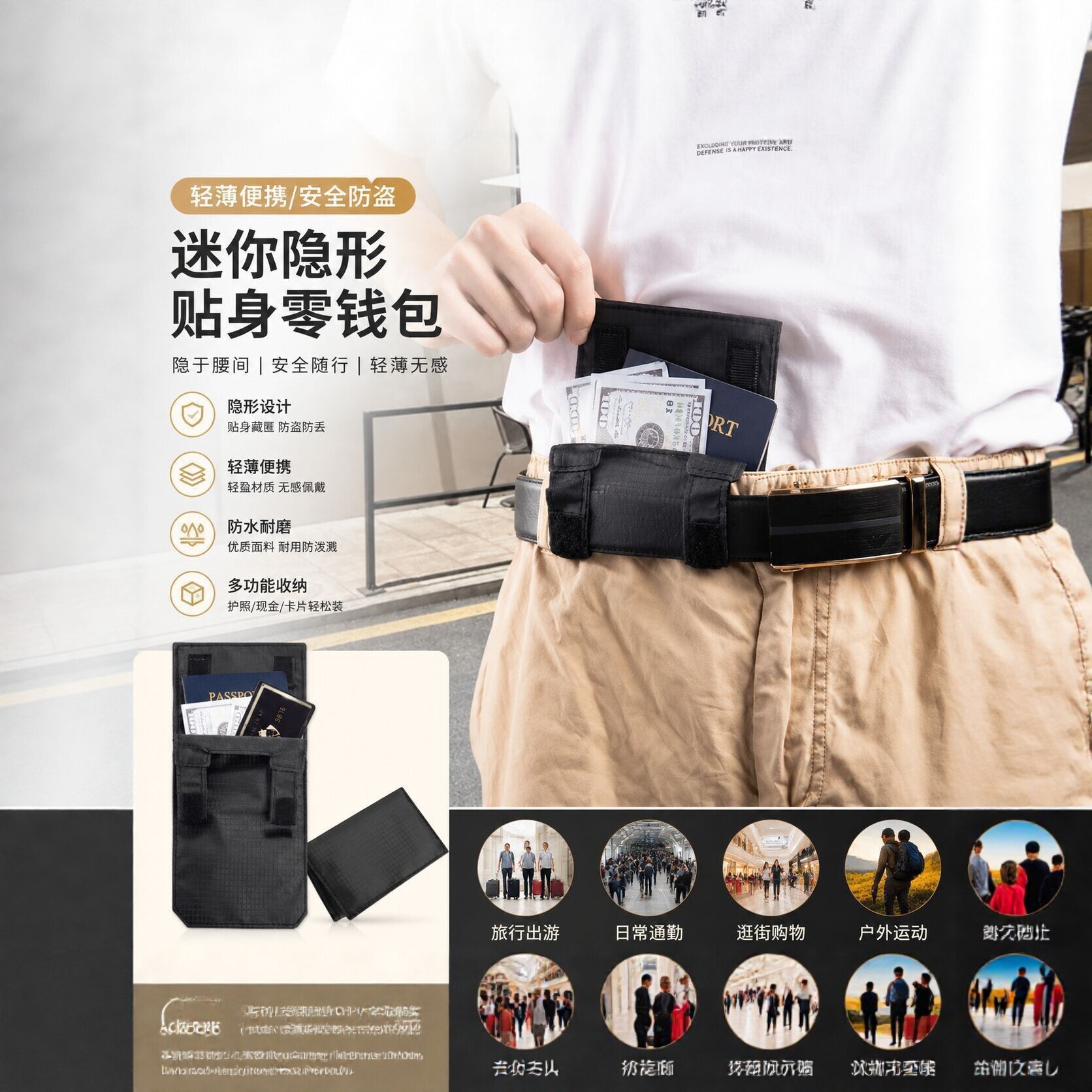 Cross-border multifunctional belt-worn outdoor water-resistant phone pouch, mini storage bag for documents, passport, and coins