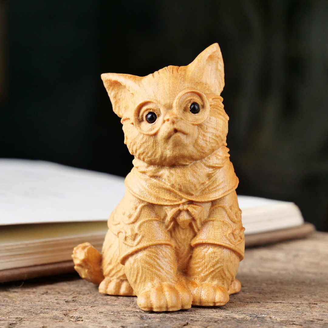 Huangyang Wood Carving Handheld Cat Figurine Desk Ornament Cat Pet Persian Cat Creative Gift For Girls Cat Glasses