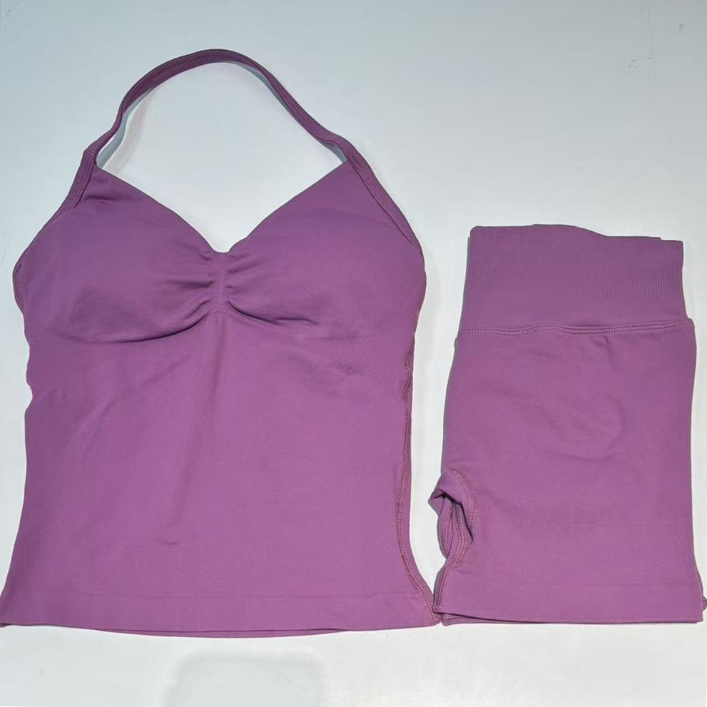 Conjunto DF Amazon pantalones cortos explosivos sujetador pequeño alto elástico superfino nailon halter cuello hermoso chaleco deportivo trasero
