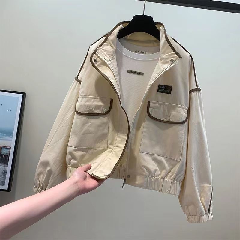 GraceChic GraceChic European Syle Sand Collar Color Block Zipper Cardigan Workwear Jacke Women Spring 2025 Loose Casual Fashion Shor_ecoleips.com