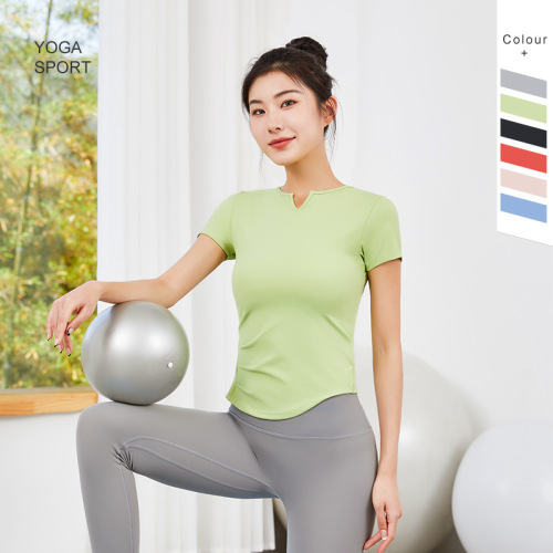 Women's Summer Yoga Clothes Slimming and Body Shaping Short Sleeve Wrinkled Waist-Close T-Shirt Running and Fitness Top