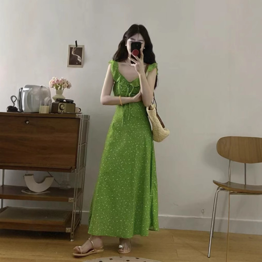 프렌치 스타일의 녹색 꽃무늬 러플 스트랩 드레스, 여성용 2026년 여름 신상품, 해변 휴가용 롱 드레스
