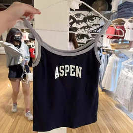 BM风美式藏蓝色ASPEN字母印花包边吊带 bm性感内搭上衣拼接背心潮