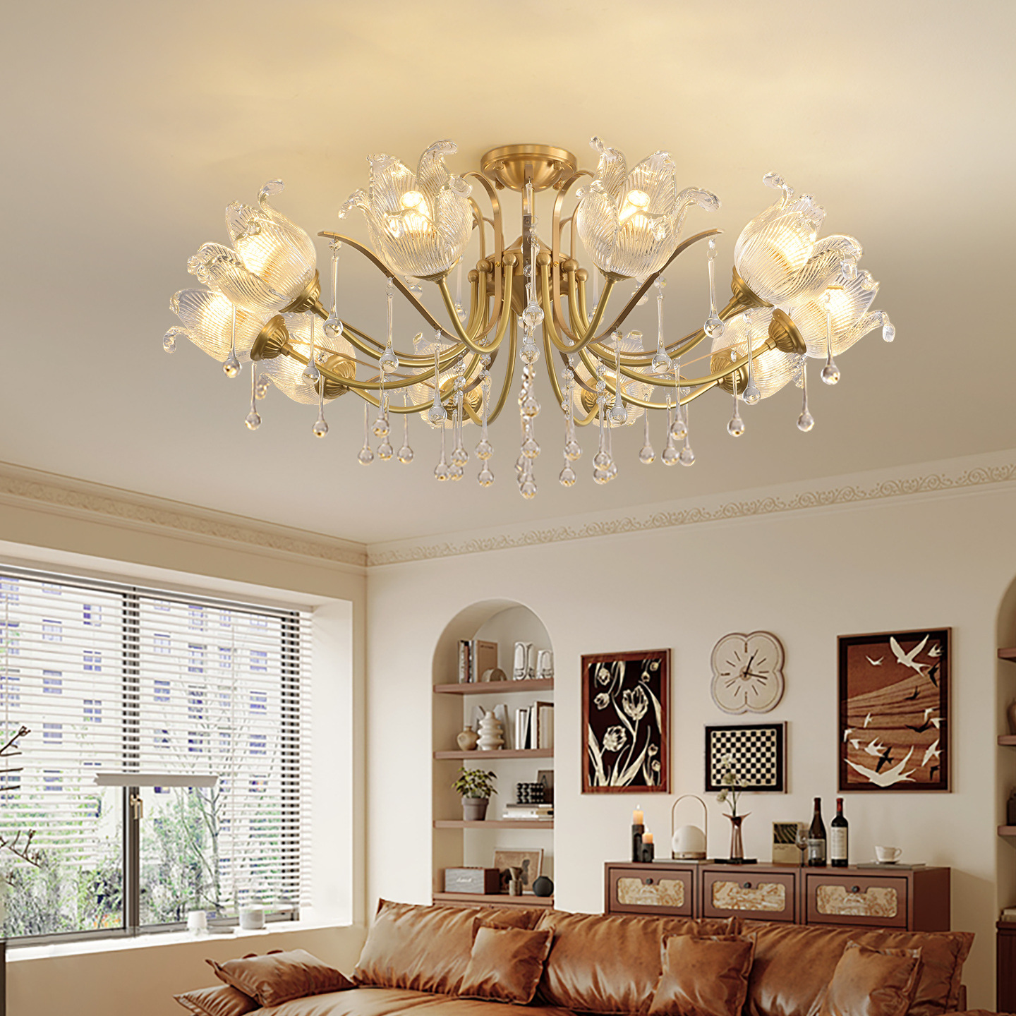 Lámpara de la sala de estar francesa nueva simple lujosa romántica retro pasillo luz principal flores frescuras lámparas de cristal 413L