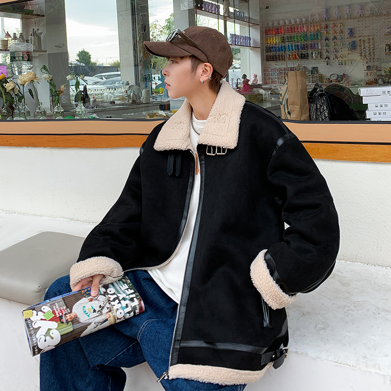 Abrigo de lana de cordero invierno de los Hombres estilo coreano Harajuku suelta marca de moda ins simple solapa de algodón acolchado chaqueta cardigan