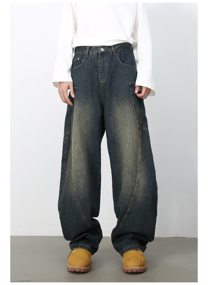 Quần jean nam ống rộng phong cách đường phố retro, nhiều túi hộp, dáng lỏng lẻo — Denim đen, Trắng, màu hồng, màu xanh chi tiết 32
