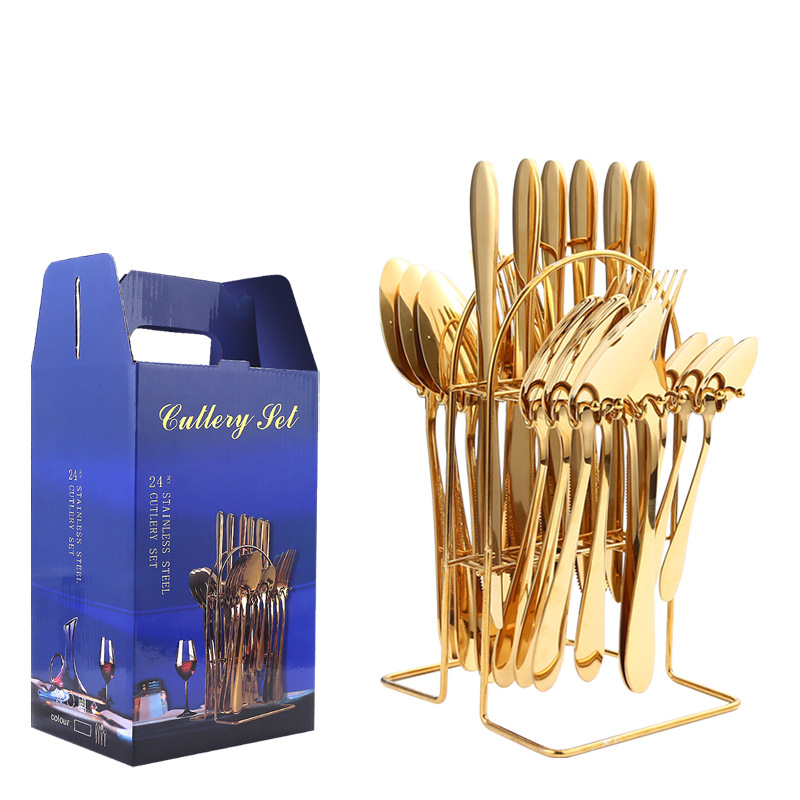 Amazon Tik Tok vajilla de acero inoxidable 24 unidades traje 1012 cuatro piezas principales occidental cuchillo, tenedor y cuchara rack caja regalo