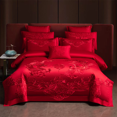 高端长绒棉婚庆四件套纯棉全棉刺绣龙凤红色结婚喜被婚嫁床上用品|ru
