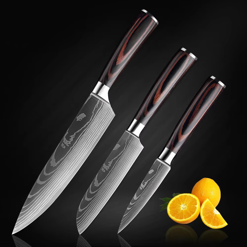 Venta caliente transfronteriza patrón de Damasco cuchillo de chef mango de madera de color cuchillo de cocina de acero inoxidable juego de cuchillos de estilo japonés Sande al por mayor
