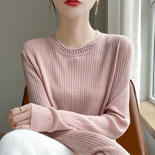白枕鹤长袖针织衫女别致钉珠圆领春秋季新款洋气薄款内搭打底衫