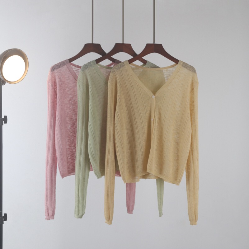 Gentle Style Solid Color Hollow Thin V-neck Long-sleeved Knitted Sunscreen Cardigan Women's Summer Western Style Fashionable All-match Blouse