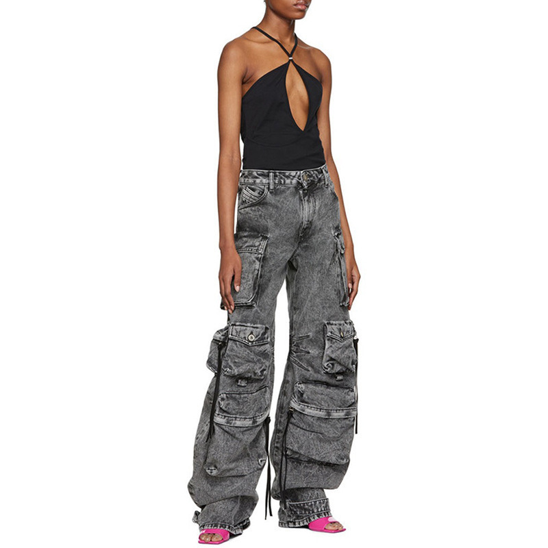 Street hipster new fashion smoke gray stitching multi-pocket overalls street wash water distressed long wide leg pants