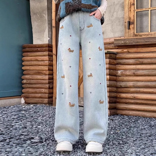 Spring and Autumn New Girls' Wide Leg Pants Loose Narrow Version Straight Denim Leg Pants Embroidered Western Style Trendy Middle and Big Kids Pants