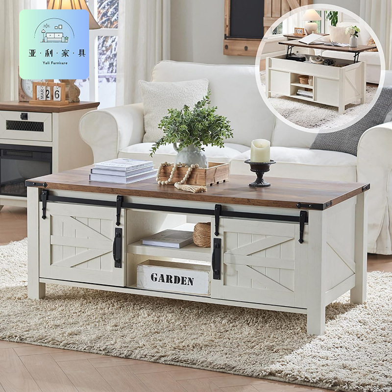 Sliding Barn Door Lifting Coffee Table Farmhouse Style Console Table Cabinet Storage Cabinet Stitching Craft Coffee Table Side Table