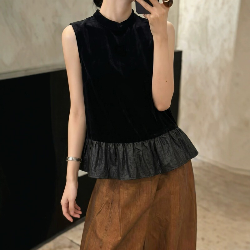 2026 Summer New French-Style Silk Velvet Patchwork Silk Xiangyunsha Crinkle Top Slim-Fit Sleeveless Shirt 2026 Summer New French-Style Silk Velvet Patchwork Silk Xiangyunsha Crinkle Top Slim-Fit Sleeveless Shirt
