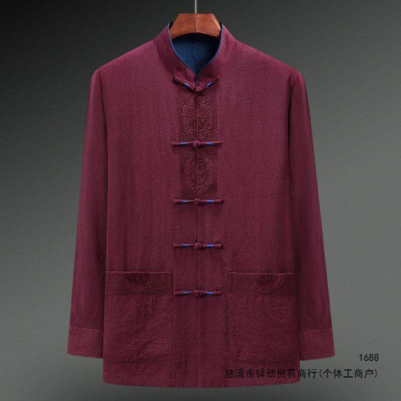 Cotton and linen Tang suit for men, spring and summer, long-sleeved men's outfit, birthday celebration, Chinese style grandfather outfit