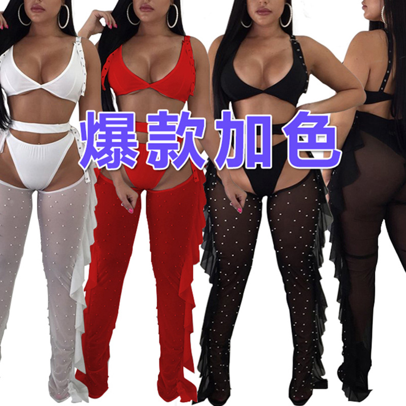 2024 nuevo producto transfronterizo Amazon ropa de mujer europea y americana malla sexy cuentas de malla oreja de madera traje ajustado tiktok