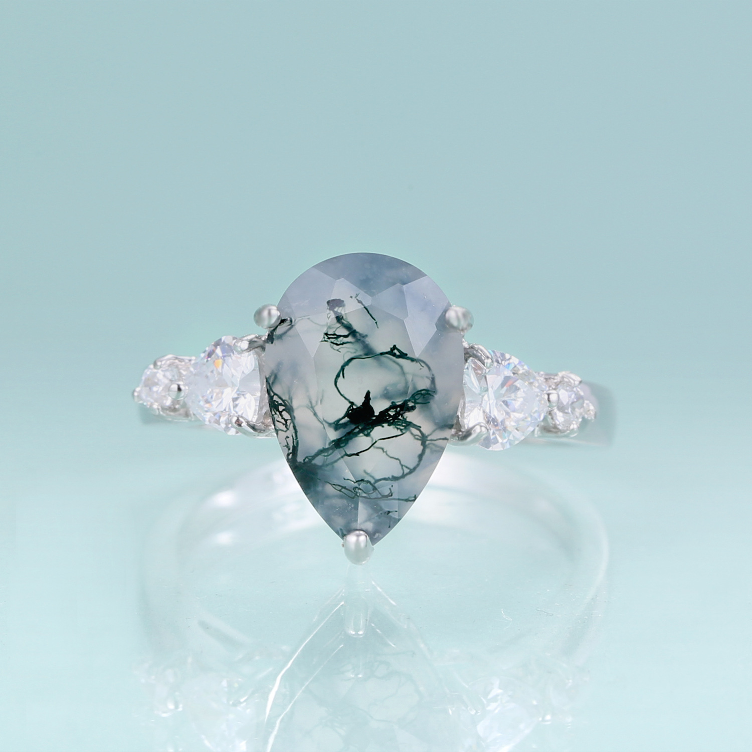 Unique Natural Water Grass Agate Ring Water Drop Pear Shaped 3 karat s925 Sterling Silver Green Moss Gemstone Ring