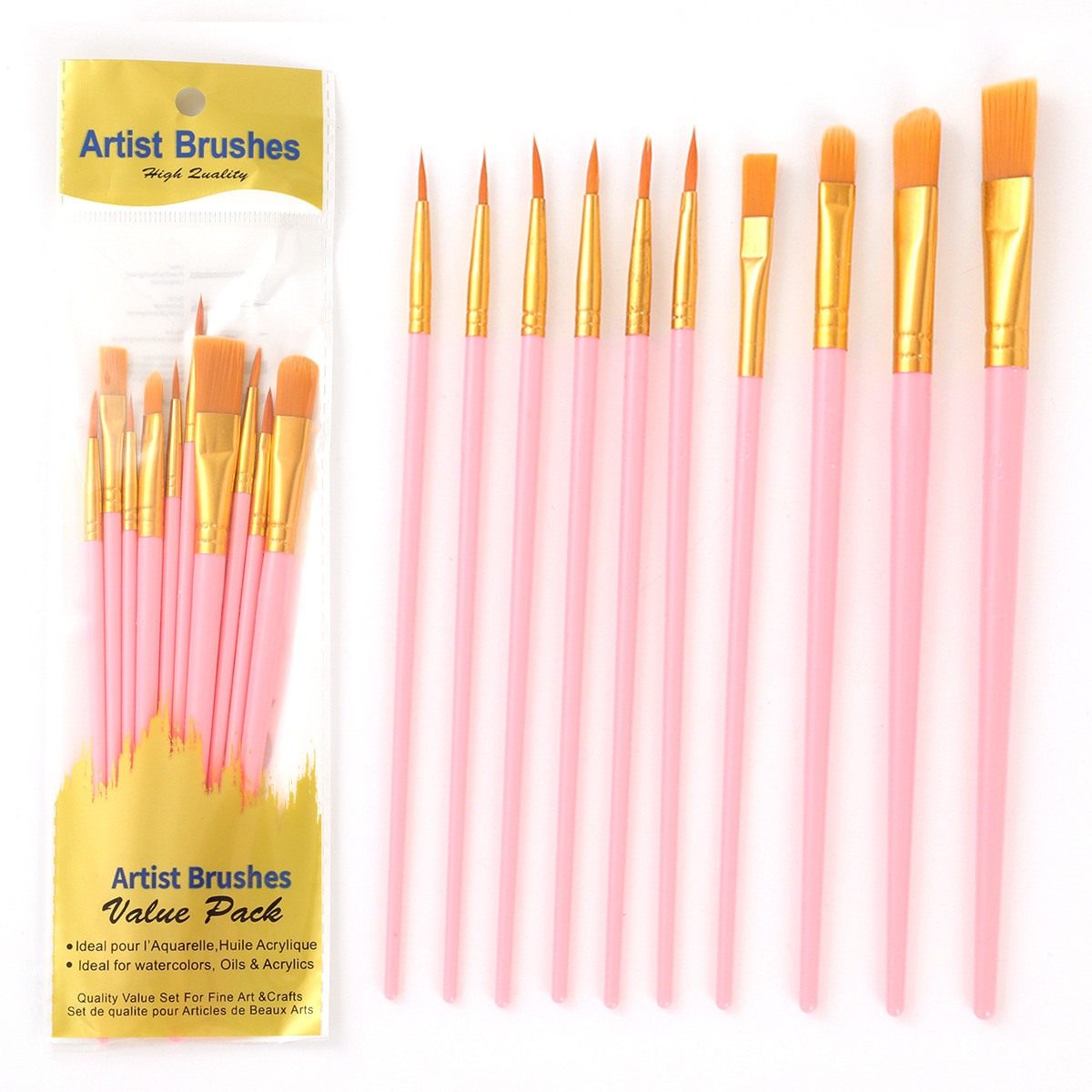 Los fabricantes venden al por mayor diez juegos de pinceles de pelo de nailon, pinceles de aceite de poste de plástico, pinceles de arte, pinceles de pintura de gouache de acuarela