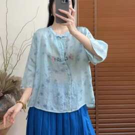 2026新款数码印花苎麻女式衬衫文艺休闲刺绣小碎花上衣小衫T恤衫