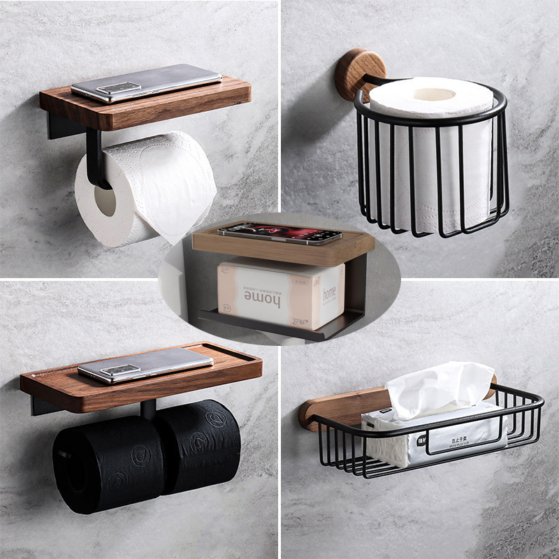 Light Luxury Solid Wood Tissue Rack Punch-free Toilet Paper Box Toilet Mobile Phone Storage Shelf Walnut Paper Roll Rack