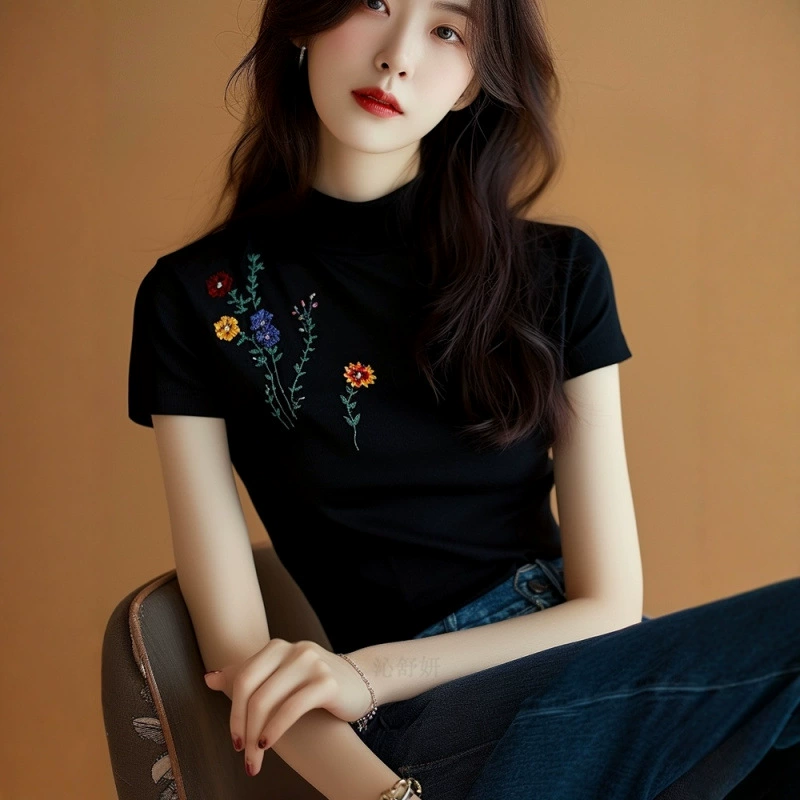 Французская черная футболка с короткими рукавами из ледяного шелка с принтом с половинным вырезом