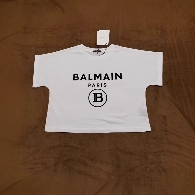 Silk-Gloss Cotton Fabric Balmain Lettered Flocking Balmain All-Cotton Round-Neck Short-Sleeve Casual T-Shirt Short Style