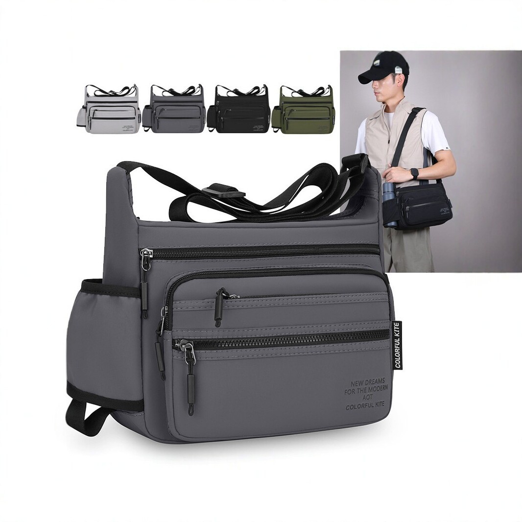 Cross-border men's crossbody bag made of Oxford fabric, large capacity, multi-layered, suitable for commuting and casual use, with pockets for phone and water bottle, simple and versatile design