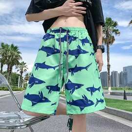 男士沙滩裤夏季可下水速干夏威夷风游泳裤宽松五分裤碎花中裤短裤