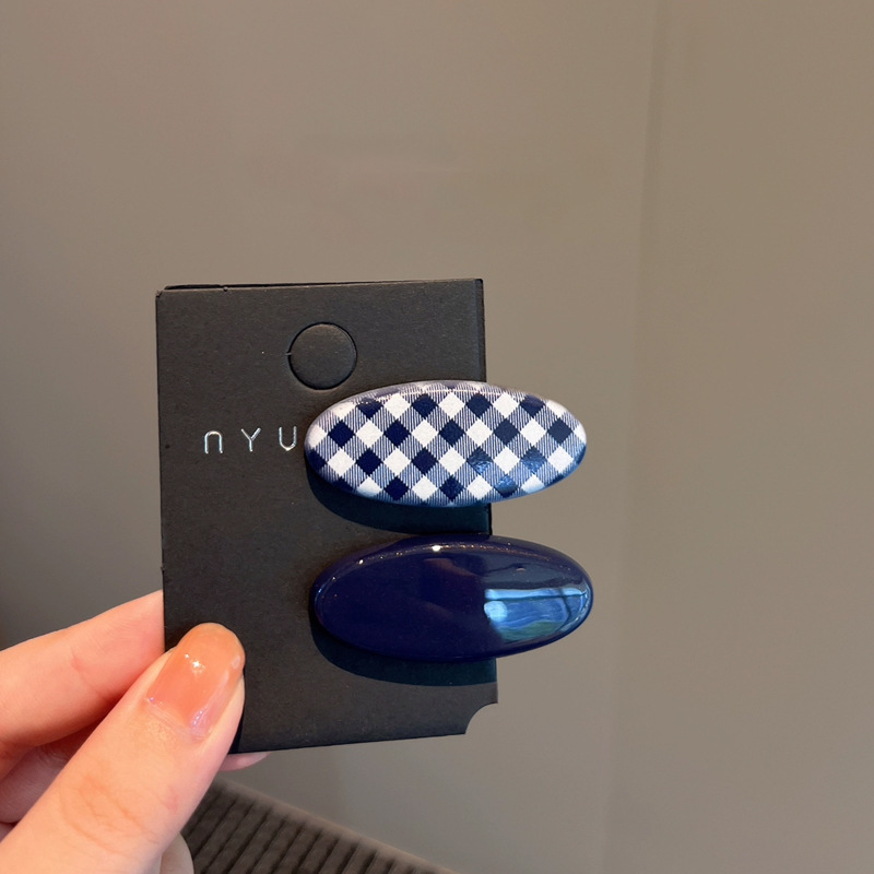 Navy blue plaid solid color two-piece hair clip set
