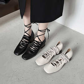 2025夏季新款小众设计感芭蕾鞋绑带复古方头粗跟真皮浅口单鞋女