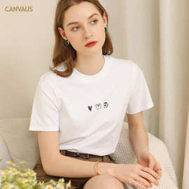 CANVAUS夏季新款印花短袖t恤女显瘦圆领棉质白色卡通内搭上衣批发