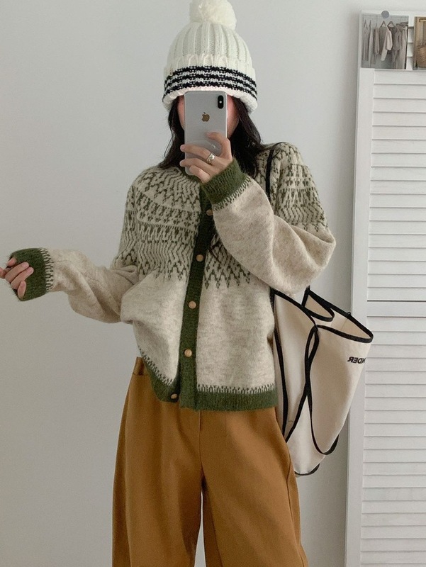 复古撞色提花费尔岛毛衣外套女秋冬新款宽松韩系软糯百搭针织开衫|undefined