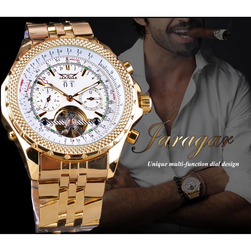 Jaragar Calendário Semana 24 Horas Exibição Relógio Turbilhão Masculino Ouro Banda de Aço Inoxidável Relógio Mecânico_voghion.com
