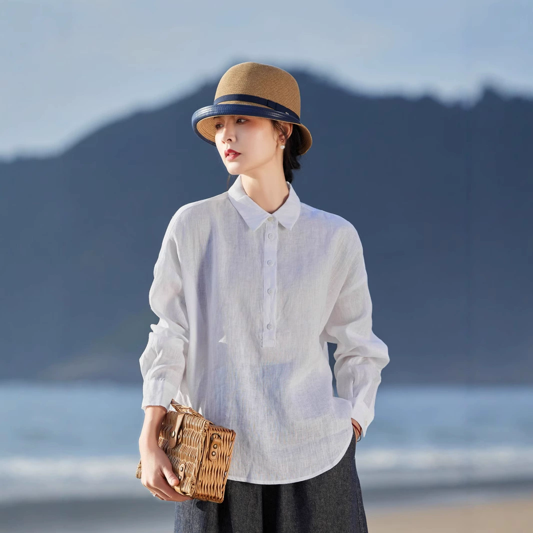 2025 весна и лето новый чистый льняный отворот с кардигами с длинными рукавами рубашка легкий тонкий топ солнцезащитный рубашка