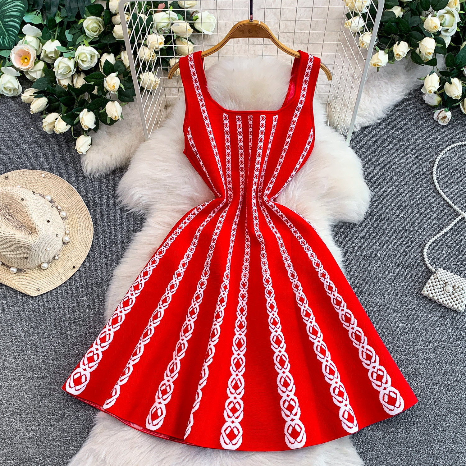 Luxury Petite Embroidered Knit Dress for Women Elegant Slimming A-Line Slip Summer Style Striped Charm_ecoleips.com
