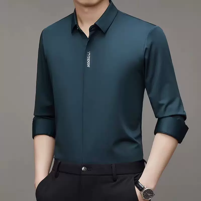 2025夏季新款桑蚕丝衬衫长袖男时尚冰丝无痕弹力免烫商务厚衬衣
